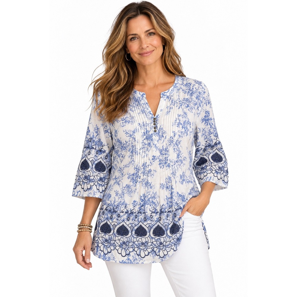 Soft Surroundings Blue White Floral Embroidered Eyelet Tunic Blouse M